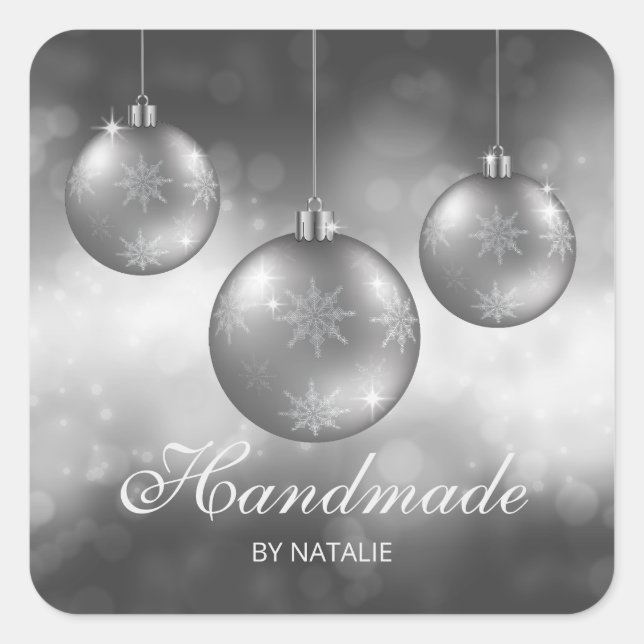 Silver Gray Christmas Baubles - Handmade -  Square Sticker (Front)