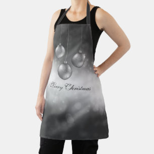 Silver Gray Christmas Baubles On Gray Bokeh Apron