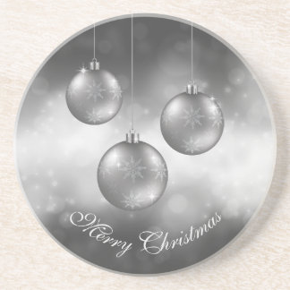 Silver Gray Christmas Baubles On Gray Bokeh Coaster