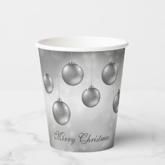 Silver Gray Christmas Baubles On Gray Bokeh Paper Cups