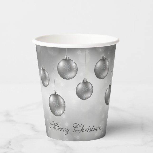 Silver Gray Christmas Baubles On Gray Bokeh Paper Cups (Front)