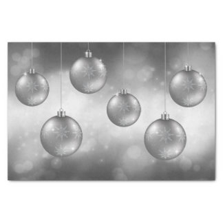 Silver Gray Christmas Baubles On Gray Bokeh Tissue Paper