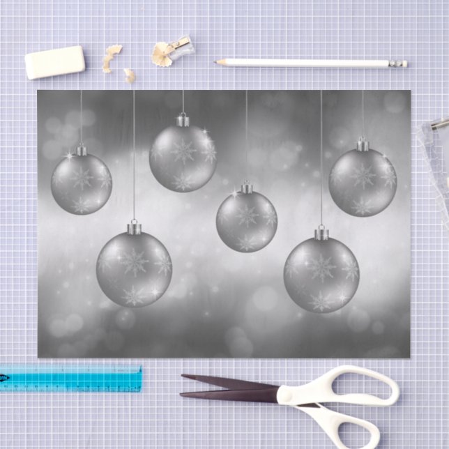Silver Gray Christmas Baubles On Gray Bokeh Tissue Paper (Craft)