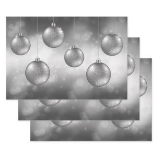Silver Gray Christmas Baubles On Gray Bokeh Wrapping Paper Sheets