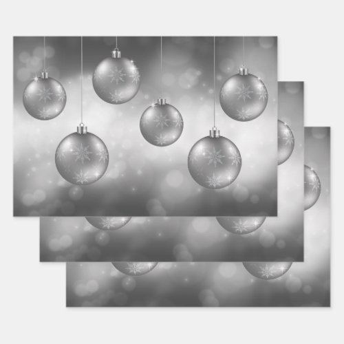 Silver Gray Christmas Baubles On Gray Bokeh Wrapping Paper Sheets