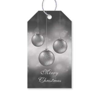 Silver Gray Christmas Baubles On Red Bokeh Gift Tags