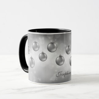 Silver Gray Christmas Baubles With Custom Name Mug