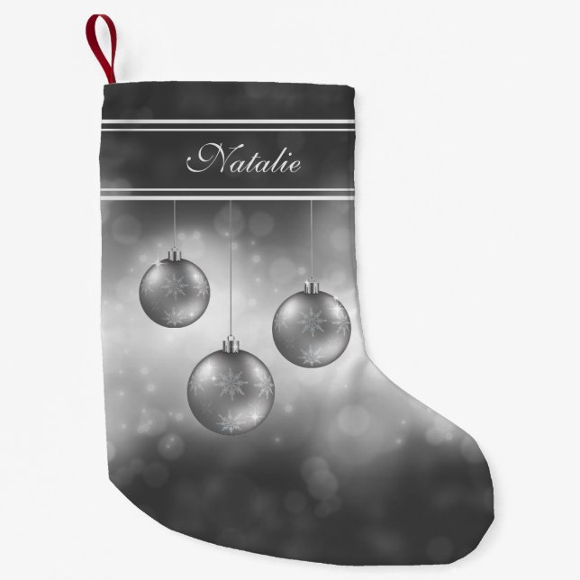 Silver Gray Christmas Baubles With Custom Name Small Christmas Stocking (Front)