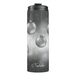 Silver Gray Christmas Baubles With Custom Name Thermal Tumbler