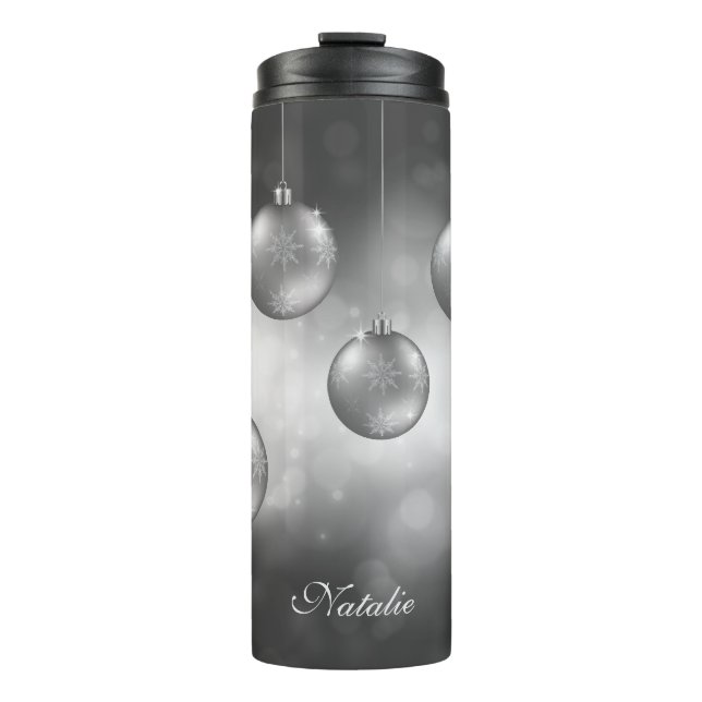 Silver Gray Christmas Baubles With Custom Name Thermal Tumbler (Front)