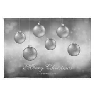 Silver Gray Christmas Baubles With Custom Text Cloth Placemat