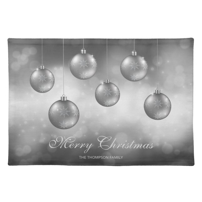Silver Gray Christmas Baubles With Custom Text Cloth Placemat (Front)