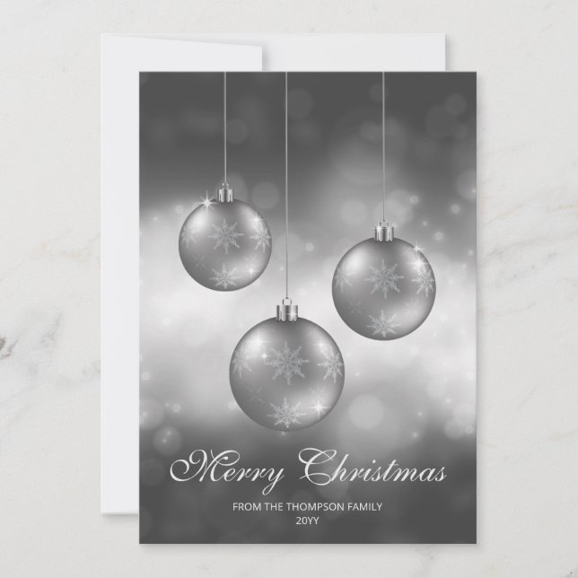 Silver Gray Christmas Baubles With Custom Text Holiday Card (Front)