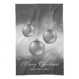 Silver Gray Christmas Baubles With Custom Text Kitchen Towel