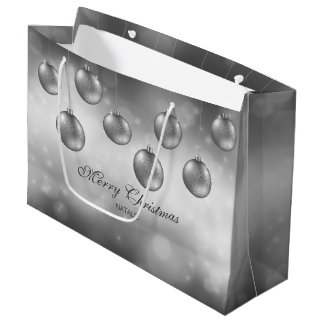 Silver Gray Christmas Baubles With Custom Text Large Gift Bag