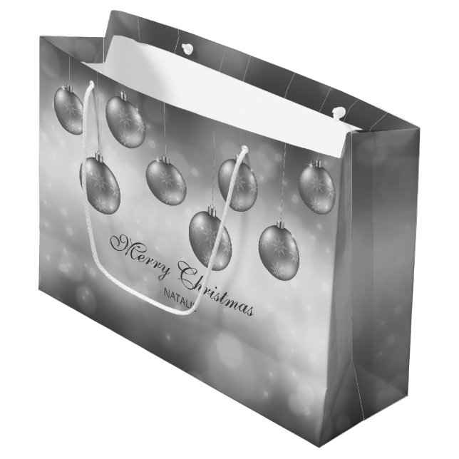 Silver Gray Christmas Baubles With Custom Text Large Gift Bag (Front Angled)