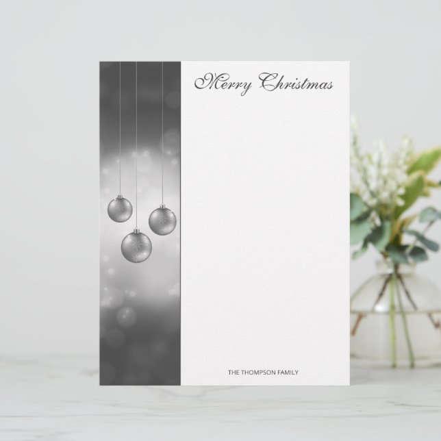 Silver Gray Christmas Baubles With Custom Text Letterhead (Standing Front)