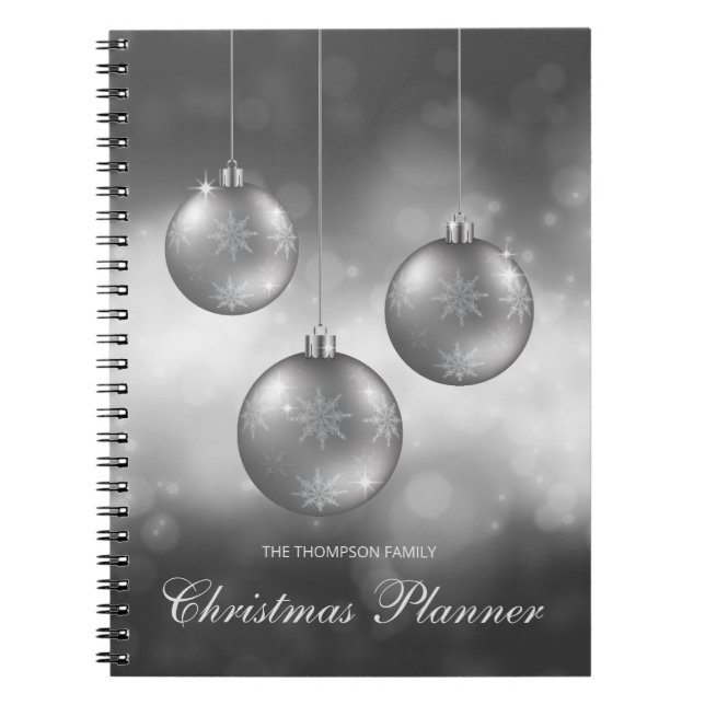 Silver Gray Christmas Baubles With Custom Text Notebook (Front)