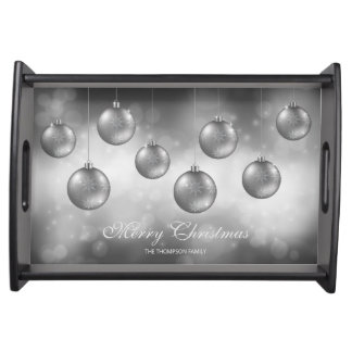 Silver Gray Christmas Baubles With Custom Text Serving Tray