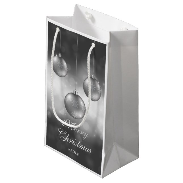 Silver Gray Christmas Baubles With Custom Text Small Gift Bag (Front Angled)