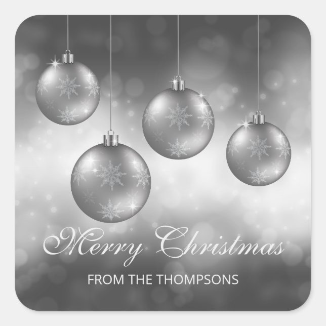 Silver Gray Christmas Baubles With Custom Text Square Sticker (Front)