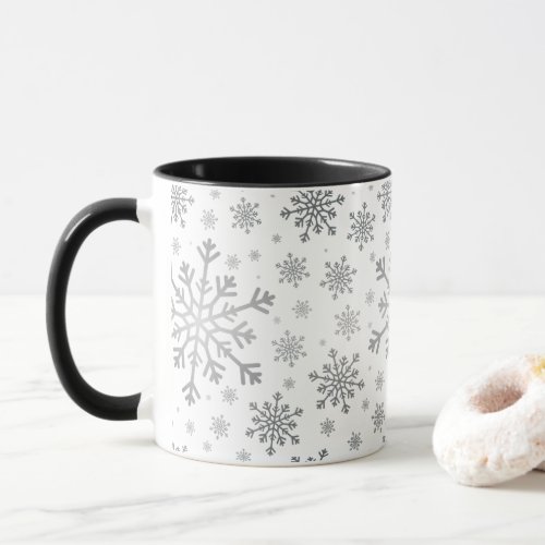 Silver Gray Christmas Snowflakes on Winter White Mug