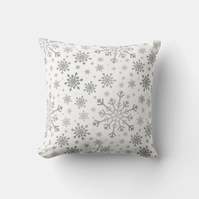 Silver Gray Christmas Snowflakes on Winter White Throw Pillow (Front)