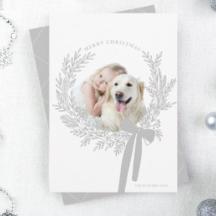 Silver Gray Christmas Wreath Minimal Photo Holiday Card