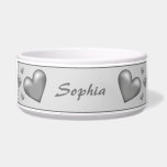Silver Gray Color Hearts With Custom Pet Name Bowl<br><div class="desc">Destei's illustration of silver gray color hearts in different sizes. The background color is light gray and the top and bottom have a thin gray border. There is also a personalizable text area for a name or other custom text.</div>