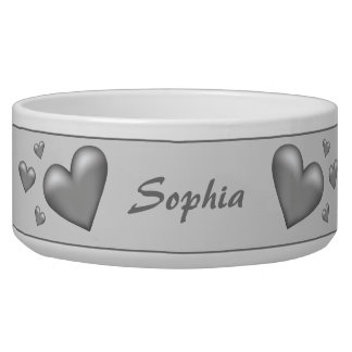 Silver Gray Color Hearts With Custom Pet Name Bowl