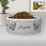 Silver Gray Color Hearts With Custom Pet Name Bowl<br><div class="desc">Destei's illustration of silver gray color hearts in different sizes. The background color is light gray and the top and bottom have a thin gray border. There is also a personalizable text area for a name or other custom text.</div>