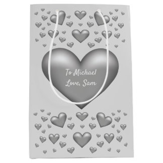 Silver Gray Color Hearts With Custom Text Medium Gift Bag