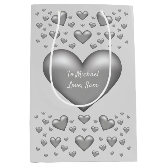 Silver Gray Color Hearts With Custom Text Medium Gift Bag (Front)