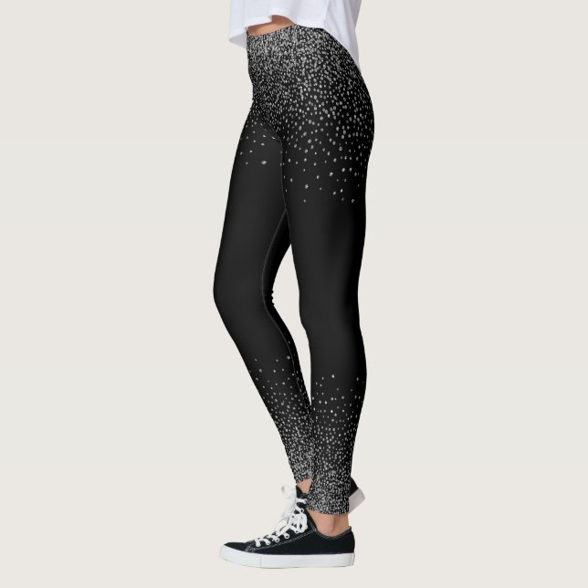 Silver Gray Confetti On Black Leggings (Left)