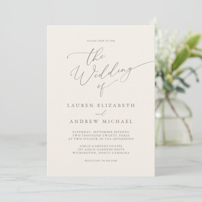 Silver Gray & Cream Minimalist Wedding Invitation (Standing Front)