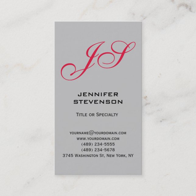 Silver Gray Crimson Red Monogram Business Card (Front)