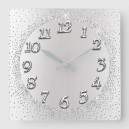 Silver Gray Crystals Confetti Glitter Blush Number Square Wall Clock