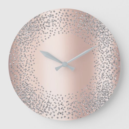 Silver Gray Crystals Confetti Glitter Gems Blush Large Clock