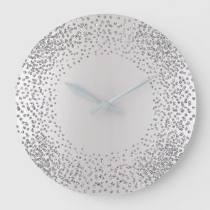 Silver Gray Crystals Confetti Glitter Gems MInimal Large Clock