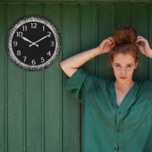 Silver Gray Crystals Glitter Arabic Numbers Black Large Clock