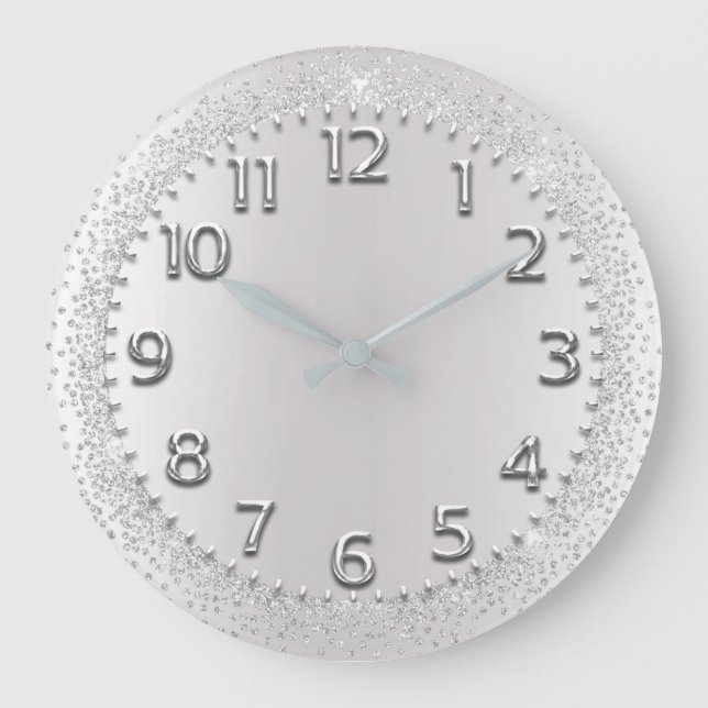 Silver Gray Crystals Glitter Arabic Numbers Large Clock (Front)