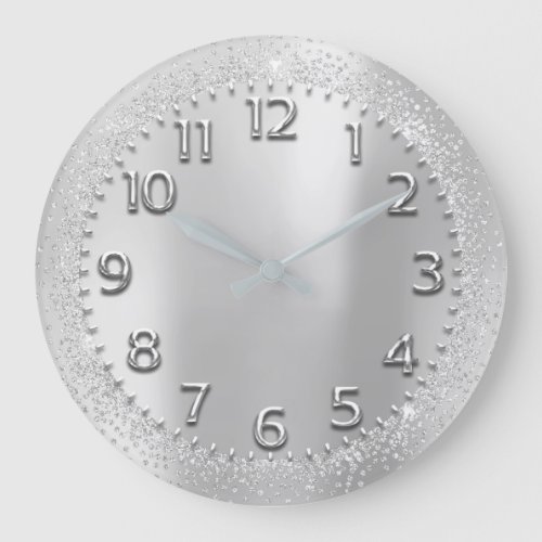 Silver Gray Crystals Glitter Arabic Numbers Metal Large Clock