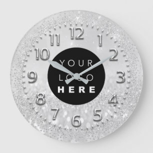 Silver Gray Crystals Glitter Spark Custom Logo Large Clock