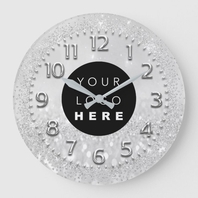 Silver Gray Crystals Glitter Spark Custom Logo Large Clock (Front)