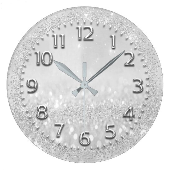 Silver Gray Crystals Glitter Spark Nimbers Metal Large Clock
