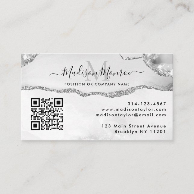 Silver Gray Custom Logo QR Code Agate Monogram Business Card (Front)