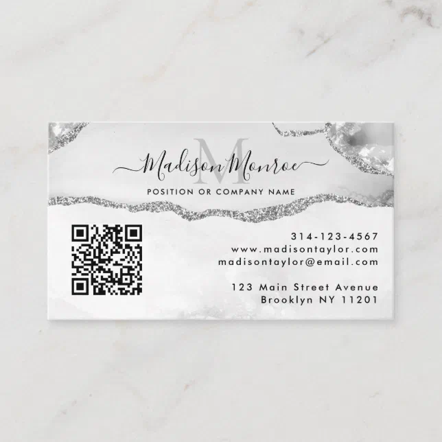 Silver Qr Code Logo Silver Gray Custom Logo QR Code Agate Monogram Business Card | Zazzle