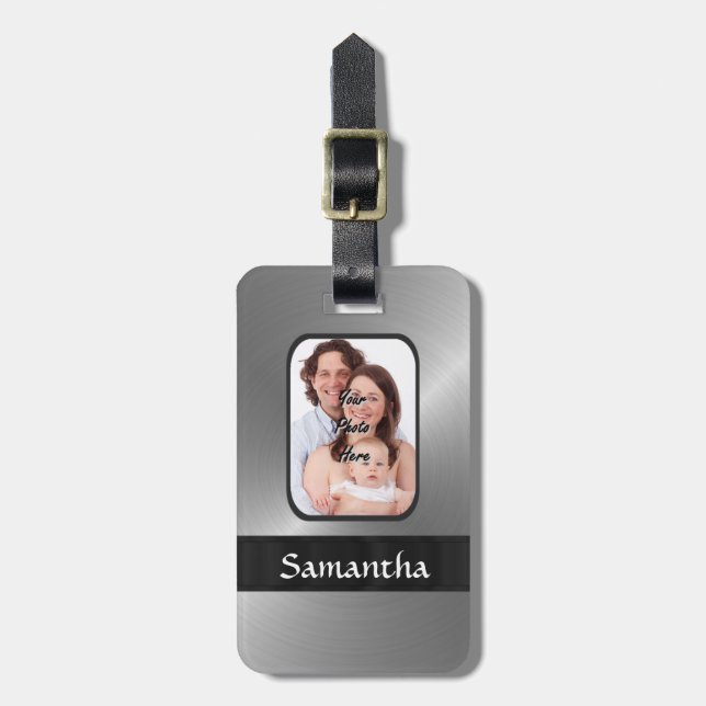Silver gray custom photo luggage tag (Front Vertical)