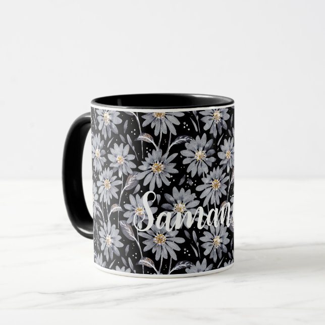 Silver Gray Daisies on Black Customizable Mug (Front Left)