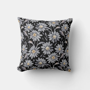 Silver Gray Daisies on Black Reversible Floral Throw Pillow